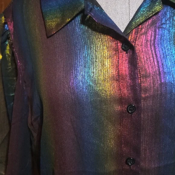 Peach Shiny Rainbow Color Button Up Shirt With Collar And Elastic Puff Sleeves - Picture 6 of 6
